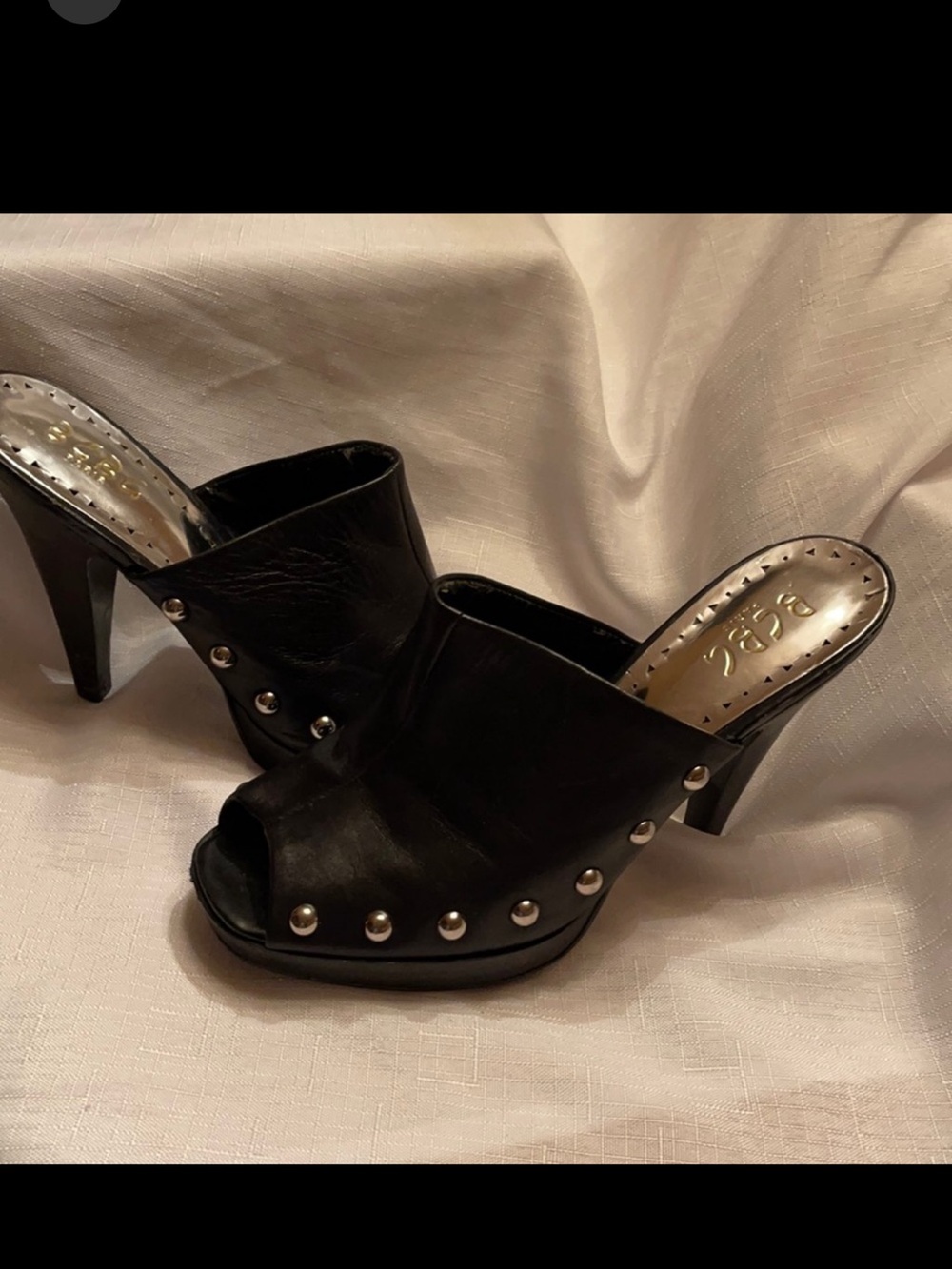 EUC BCBG Paris black leather studded trim peep toe high heel clogs